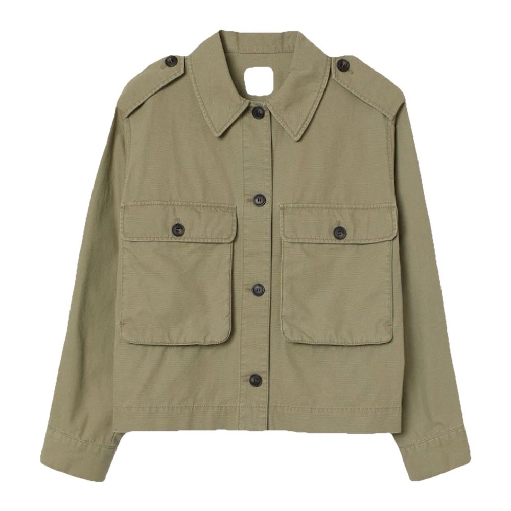 H&M Utility Military Jacket Womens Large Olive‎ Green Cotton Epaulette Cropped